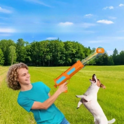 Garçon souriant dans une prairie avec un Jack Russell et son lanceur de balle pour chien.