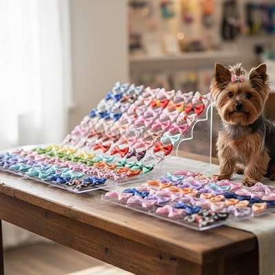 Grand présentoir de colliers pour chien nœud papillon colorés avec un petit Yorkshire à côté.