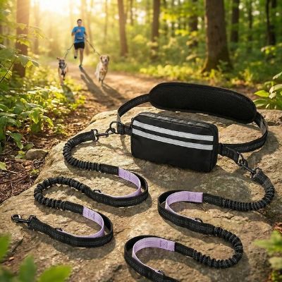 Laisse main libre pour chien avec sac banane posée sur un rocher en forêt.