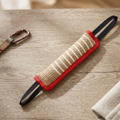 Un jouet pour chien indestructible rouge avec poignées noires posé à plat sur une table en bois.