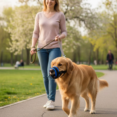 Femme promenant un Golden Retriever avec une muselière chien bleue et noire dans un parc.