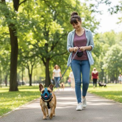 Bouledogue français en laisse avec une muselière pour bouledogue français bleue dans une allée.