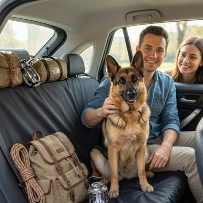 Berger Allemand assis sur une protection voiture chien avec équipement de camping.
