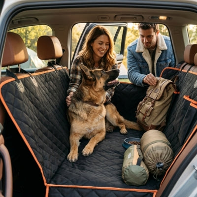 Berger Allemand assis sur une protection voiture chien avec équipement de camping.