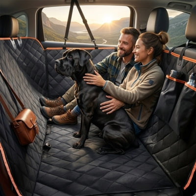 Couple avec un Cane Corso sur une protection voiture chien matelassée noire.