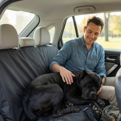 Chien Cane Corso endormi sur la protection voiture chien à l'arrière d'un véhicule.