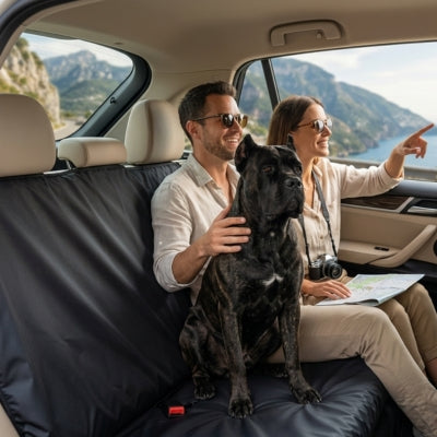 Cane Corso sur une protection voiture chien noire lors d'un voyage en famille.