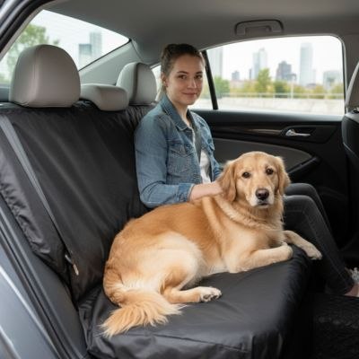 Golden Retriever et une femme assis sur une protection voiture chien à l'arrière d'une berline.