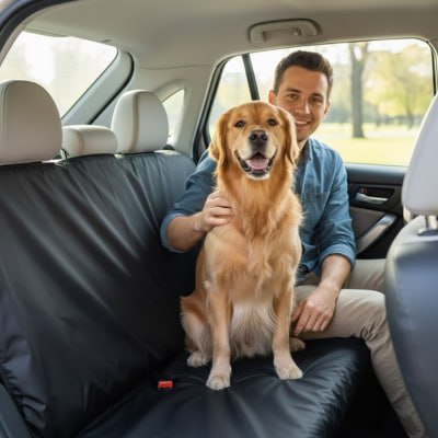 Homme souriant avec son Golden Retriever assis sur une protection voiture chien imperméable.