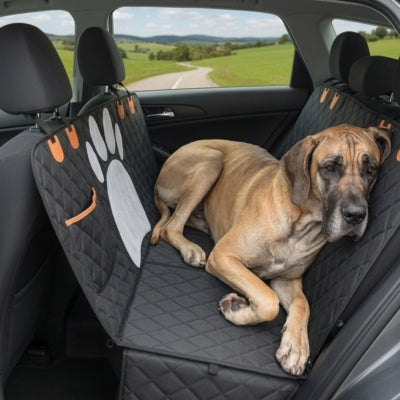 Grand Danois allongé sur une protection voiture chien noire à motif patte.