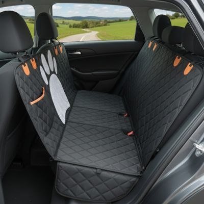 Banquette arrière vide avec protection voiture chien noire face à une route de campagne.
