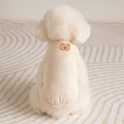 Bichon frisé vu de dos avec un pull chien beige, orné d'un écusson en forme d'ours.