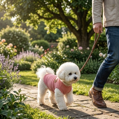 Bichon frisé portant un pull chien rose, tenu en laisse par une personne dans un jardin fleuri.