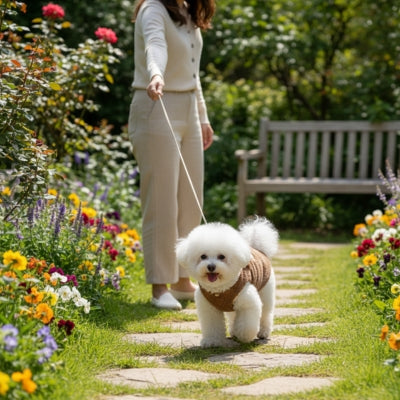 Bichon Frisé marchant sur un sentier fleuri, vêtu d'un pull chien marron confortable.