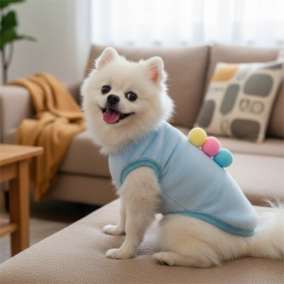 Pomeranien souriant portant un pull chien bleu, posé sur le bord d'un canapé.