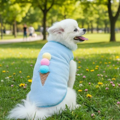 Pomeranien portant un pull chien bleu, assis dans l'herbe fleurie d'un parc.