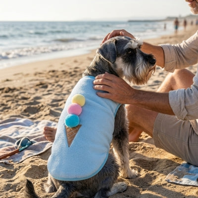 Schnauzer avec pull chien bleu à motifs pompons caressé par une personne à la plage.
