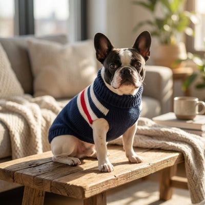 Bouledogue français sur une table portant un pull chien bleu marine à rayures