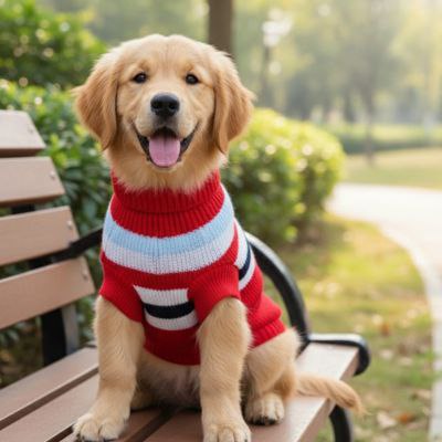 Golden Retriever souriant sur un banc avec un pull chien rayé rouge et bleu