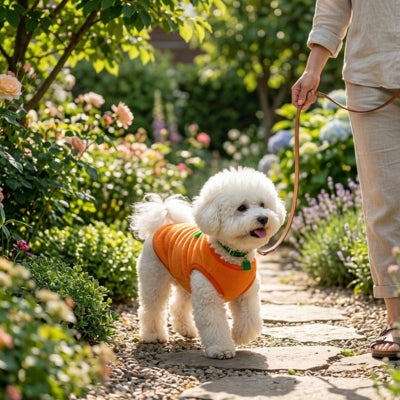 Petit chien de type bichon blanc portant un pull chien carotte en marchant dans un jardin.