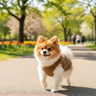 Petit chien Pomeranien marchant dans un parc portant un pull chien marron.