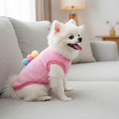 Pomeranien portant un pull chien rose avec des pompons colorés, assis sur un canapé.