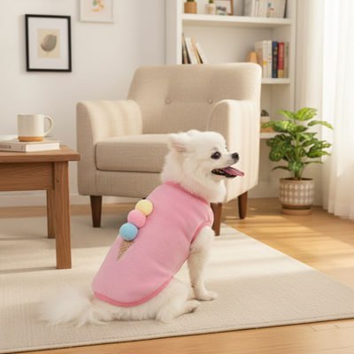 Pomeranien avec pull chien rose, motif glace, dans un salon avec un fauteuil beige.