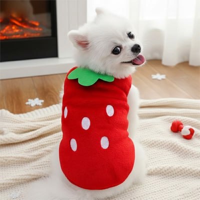 Petit chien de type Poméranien portant un pull chien fraise rouge, assis devant une cheminée.