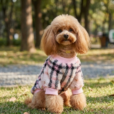 Caniche portant un pull pour chien en laine polaire à motif écossais rose et noir.