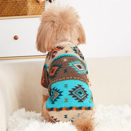 Vue de dos d'un chien portant un pull pour chien à motifs ethniques bleu, orange et marron.