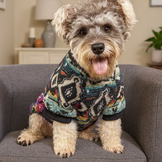 Schnauzer assis dans un fauteuil gris portant un pull pour chien à motifs géométriques colorés.