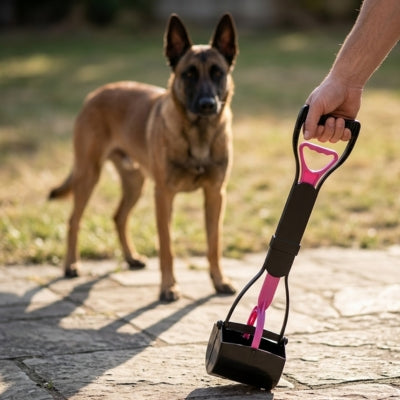 Utilisation d'un ramasse crotte chien noir et rose dans un jardin avec un Berger Malinois.