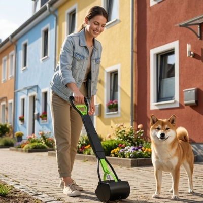Femme souriante avec un ramasse crotte chien vert dans une rue colorée avec un Shiba Inu.