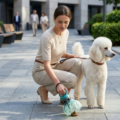 Femme avec son Caniche royal blanc utilisant un ramasse crotte pour chien sur une place pavée.