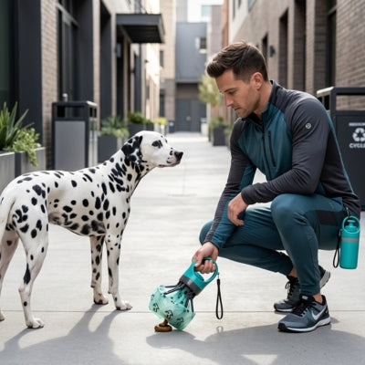 Homme en tenue de sport avec son Dalmatien utilisant un ramasse crotte pour chien dans une ruelle.