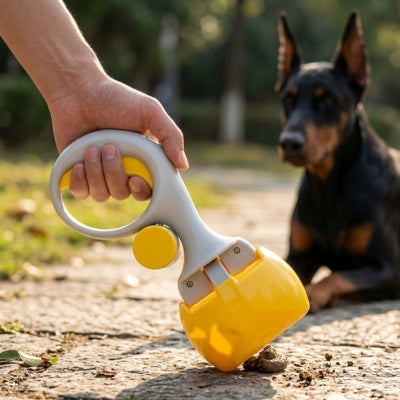 Main utilisant un ramasse crotte pour chien jaune au sol devant un Dobermann flou.