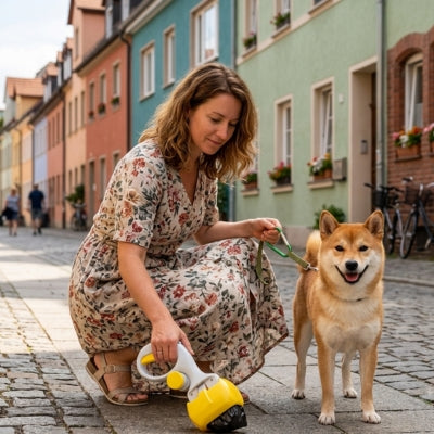 Femme accroupie avec un ramasse crotte pour chien jaune et un Shiba Inu dans une rue.