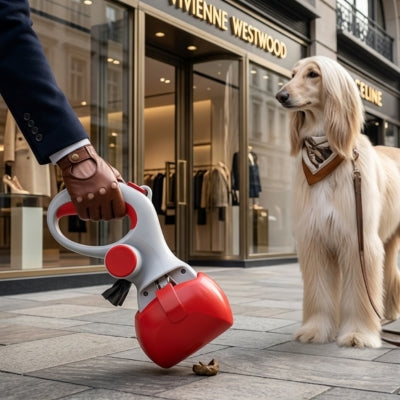 Ramasse crotte pour chien rouge utilisé en ville devant un Lévrier Afghan élégant.