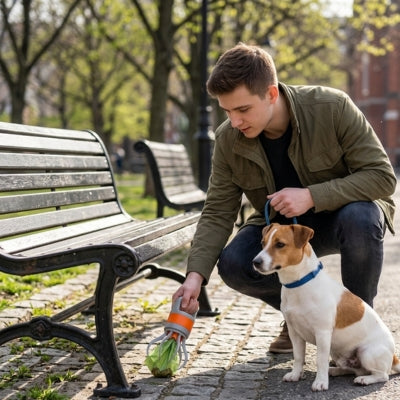Homme avec un Jack Russell utilisant un ramasse crottes pour chien près d'un banc public.