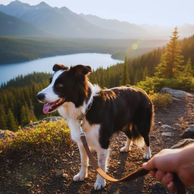 Un Border Collie profite d'une vue sur un lac de montagne, équipé d'un collier etrangleur chien pour un contrôle sécurisé en randonnée.