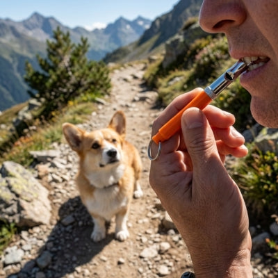 Corgi regarde un homme utiliser un sifflet à ultrason pour chien orange sur un sentier.
