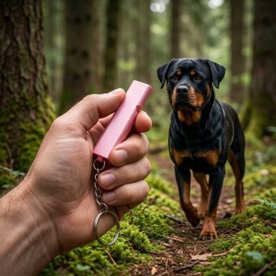 Main tenant un sifflet ultrason pour chien rose face à un Rottweiler debout en forêt.