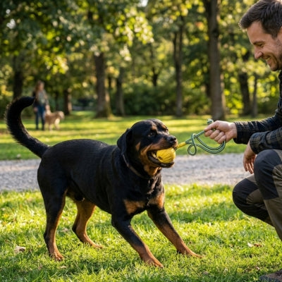 Homme jouant au parc avec un Rottweiler et son jouet chien indestructible jaune à poignée.
