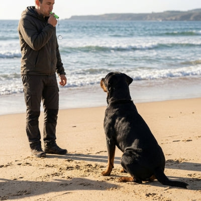 Homme utilisant un sifflet ultrason pour chien vert face à un Rottweiler assis sur le sable.