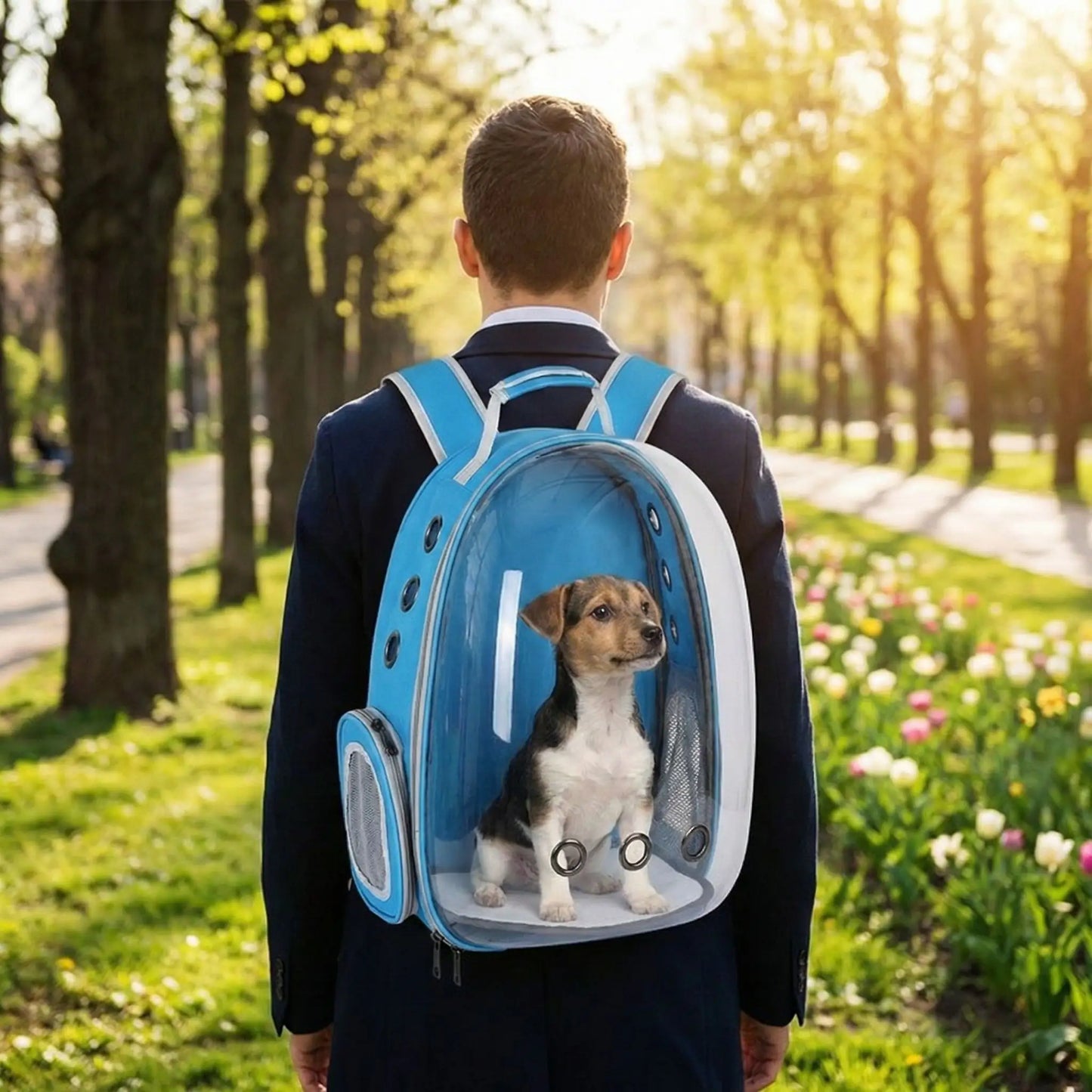 Homme de dos portant un sac à dos chien bleu avec un chiot type Jack Russell.