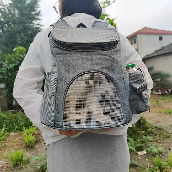 Chiot blanc de type Labrador dans un sac a dos chien gris porté par une femme.