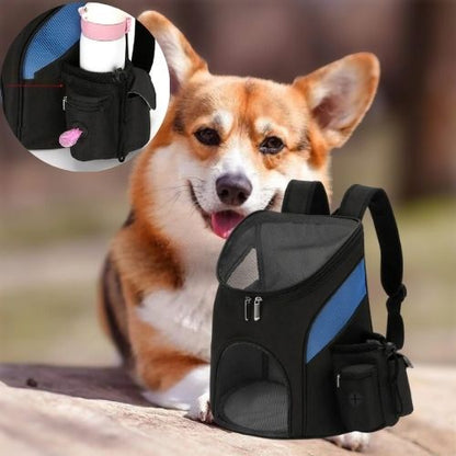 Sac a dos chien noir et bleu à côté d'un Corgi avec zoom sur la poche à gourde et sacs.