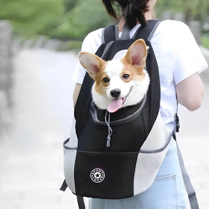 Vue de dos d'un Corgi dans un sac a dos chien noir et gris, logo Sport.