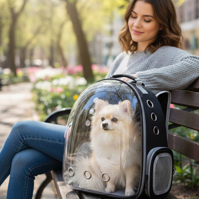 Sac à dos chien noir posé sur un banc avec un Loulou de Poméranie à l'intérieur.
