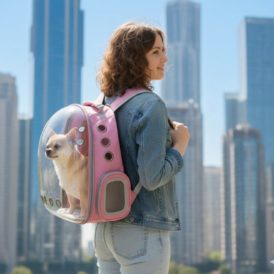 Sac à dos chien rose porté en ville avec un Chihuahua regardant les gratte-ciel.